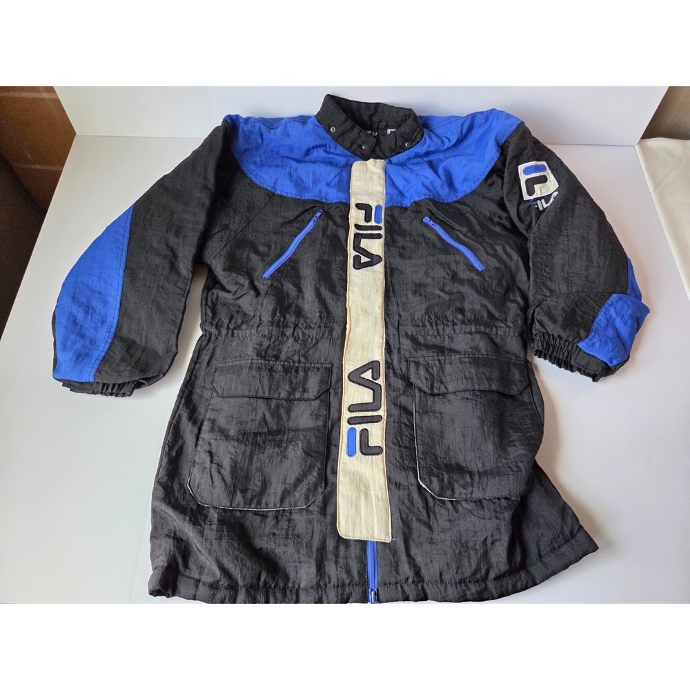 Vintage FILA Jacket Mens Large Black Blue Spellout Logo 90s Puffer Windbreaker